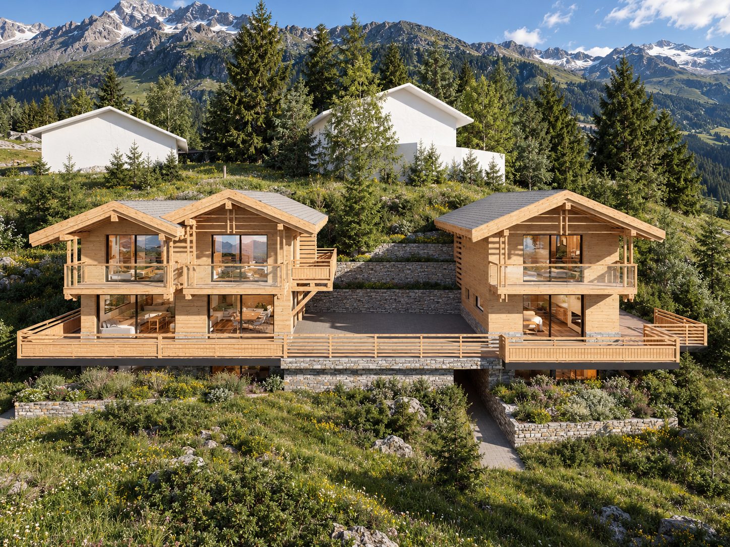 Projet 2412, Verbier — vue d’ensemble des deux chalets et de leurs terrasses